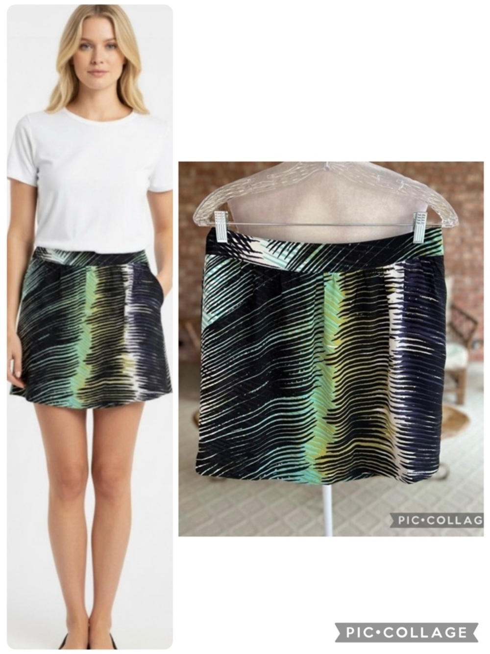 Loft Palm Leaf Black Green Mini A-line Silky Skirt 8P Tropical Festival